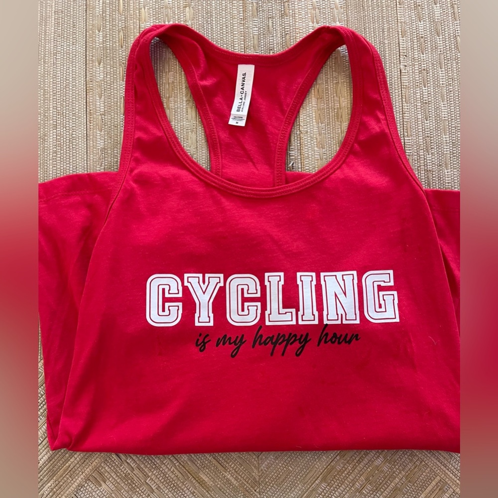 Custom made “Cycling is my Happy Hour” racerback tank top. NWOT.